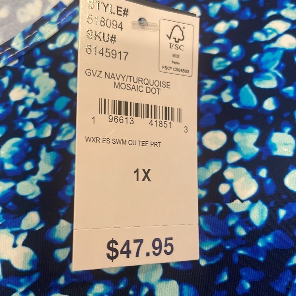 Lands' End 1X Rash Guard Blue Pit to Pit 24” NEW WITH TAGS Short Sleeves - Picture 2 of 8